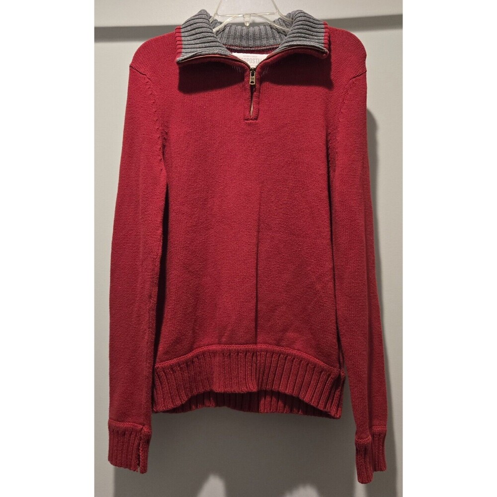 Aeropostale med Red Quarter Zip Pullover Sweater Gray Collar Ribbed Knit‎ Casual